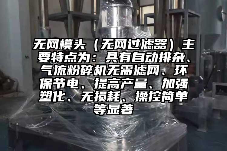 無網(wǎng)模頭（無網(wǎng)過濾器）主要特點(diǎn)為：具有自動(dòng)排雜、氣流粉碎機(jī)無需濾網(wǎng)、環(huán)保節(jié)電、提高產(chǎn)量、加強(qiáng)塑化、無損耗、操控簡單等顯著